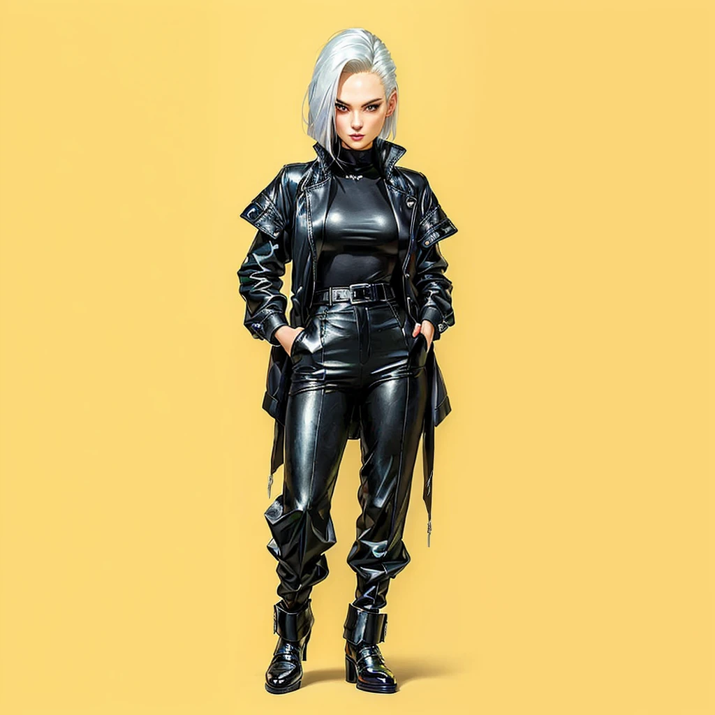 a drawing of a woman in a black suit and black shoes, Android 18, girl with silver hair, sexy