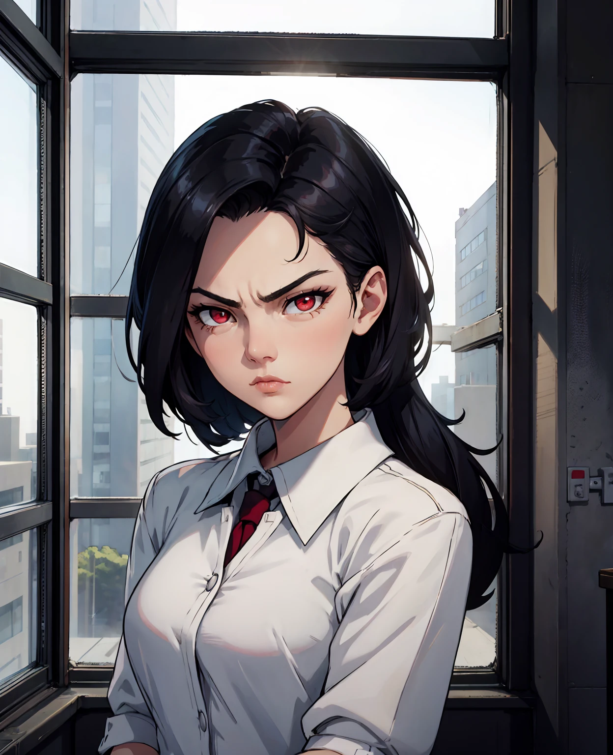 black haired girl with red eyes, office lady, suit, professional, serious expression, window in background, minimalist style, dynamic lighting, 8k, high quality, highly detailed, photorealistic, intricate details