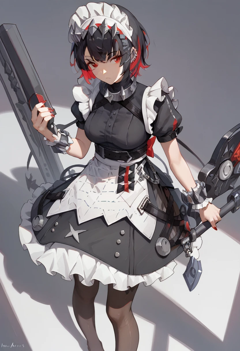 ((best quality)), ((Masterpiece)), (details), best art style,1girl, solo, breasts, looking at viewer, short hair, black hair, red eyes, dress, holding, short sleeves, pantyhose, red hair, multicolored hair, belt, apron, maid, maid headdress, shadow, piercing, red nails, red
