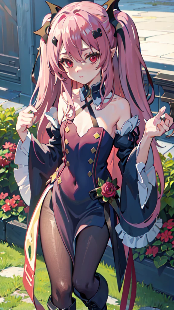 best quality, masterpiece, highres, extremely detailed 8K wallpaper, original, detailed fingers, detailed hands, detailed eyes, worth, 
garden, multicolored flowers around, 1girl, blush, pout, looking at viewer, standing, dynamic pose,
krul tepes, red eyes, flat chest, long hair, pink hair, two side up, hair ornament, boots, black dress, bare shoulders, wide sleeves, ribbon,
