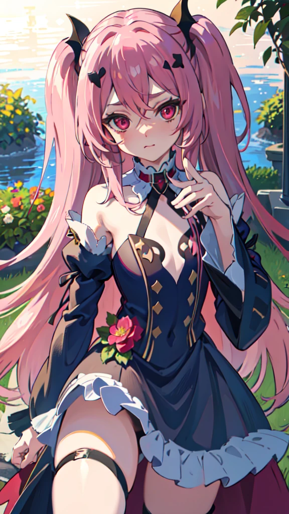 best quality, masterpiece, highres, extremely detailed 8K wallpaper, original, detailed fingers, detailed hands, detailed eyes, worth, 
garden, multicolored flowers around, 1girl, blush, pout, looking at viewer, standing, dynamic pose,
krul tepes, red eyes, flat chest, long hair, pink hair, two side up, hair ornament, boots, black dress, bare shoulders, wide sleeves, ribbon,
