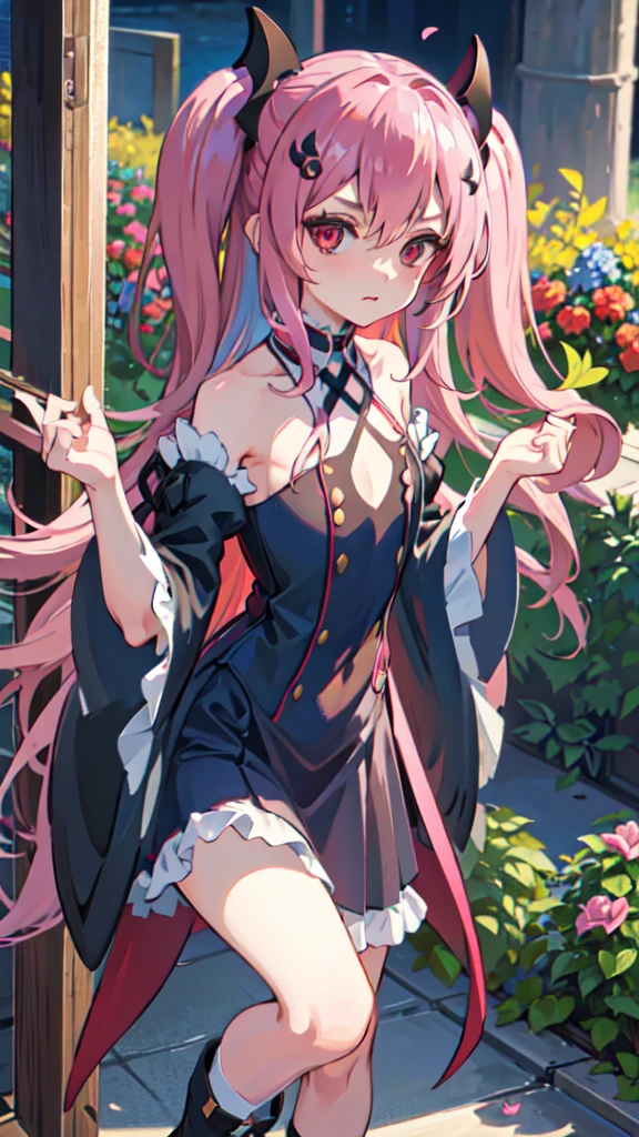 best quality, masterpiece, highres, extremely detailed 8K wallpaper, original, detailed fingers, detailed hands, detailed eyes, worth, 
garden, multicolored flowers around, 1girl, blush, pout, looking at viewer, standing, dynamic pose,
krul tepes, red eyes, flat chest, long hair, pink hair, two side up, hair ornament, boots, black dress, bare shoulders, wide sleeves, ribbon,
