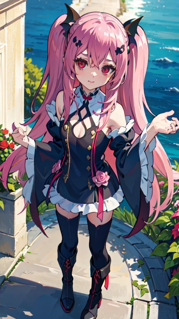 best quality, masterpiece, highres, extremely detailed 8K wallpaper, original, detailed fingers, detailed hands, detailed eyes, worth, 
garden, multicolored flowers around, 1girl, blush, pout, looking at viewer, standing, dynamic pose,
krul tepes, red eyes, flat chest, long hair, pink hair, two side up, hair ornament, boots, black dress, bare shoulders, wide sleeves, ribbon,
