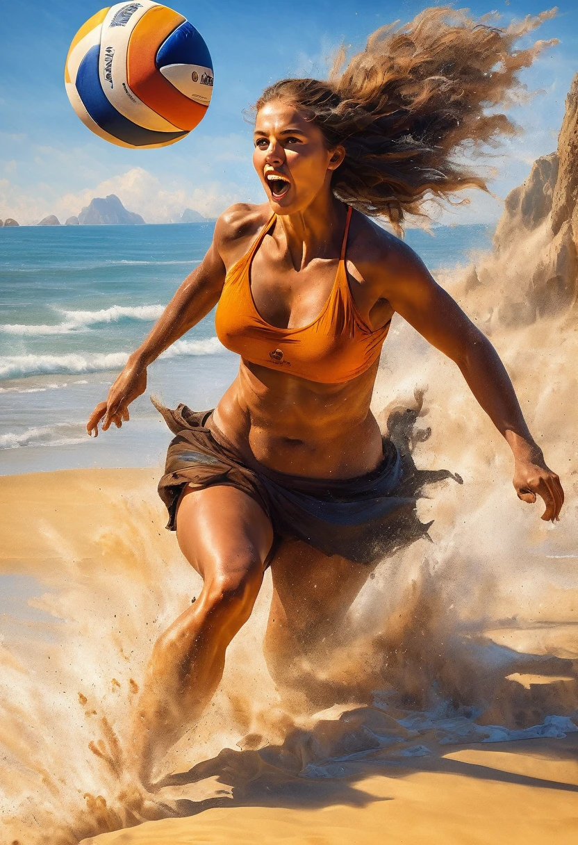 ((a cave drawing: 1.3)) of a cave woman playing volleyball at the beach at the stone age, an extraordinary beautiful cave woman wearing animal fur playing volleyball at the beach, there is ((mammoth: 1.2)) watching her play, stone age volley ball beach background, its sunny day, sun rays, Ultra-high resolution, High Contrast, (masterpiece:1.5), highest quality, Best aesthetics), best details, best quality, highres, 16k, [ultra detailed], masterpiece, best quality, (extremely detailed)