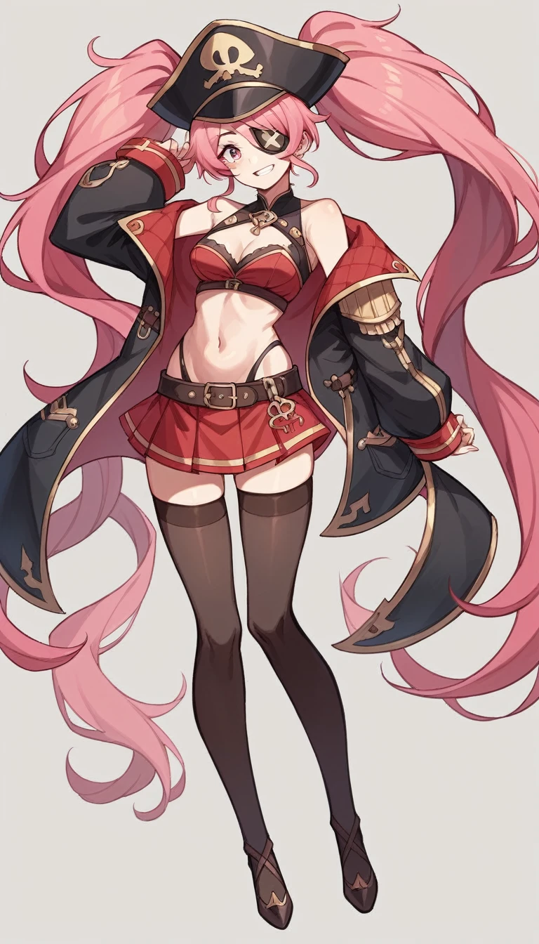 The character is a slender young woman.。She has reddish pink hair、Some of the hair is dyed white.、She has her hair styled in long twin tails.。She has a big pirate hat、Wearing a black jacket。The jacket is decorated with gold、It also has shoulder straps。Her outfit is sexy、Red bustier and mini skirt、Black Stockings、She is wearing brown high heels。Also、He has an eyepatch on one eye、He has a mischievous look on his face.。The background is white。