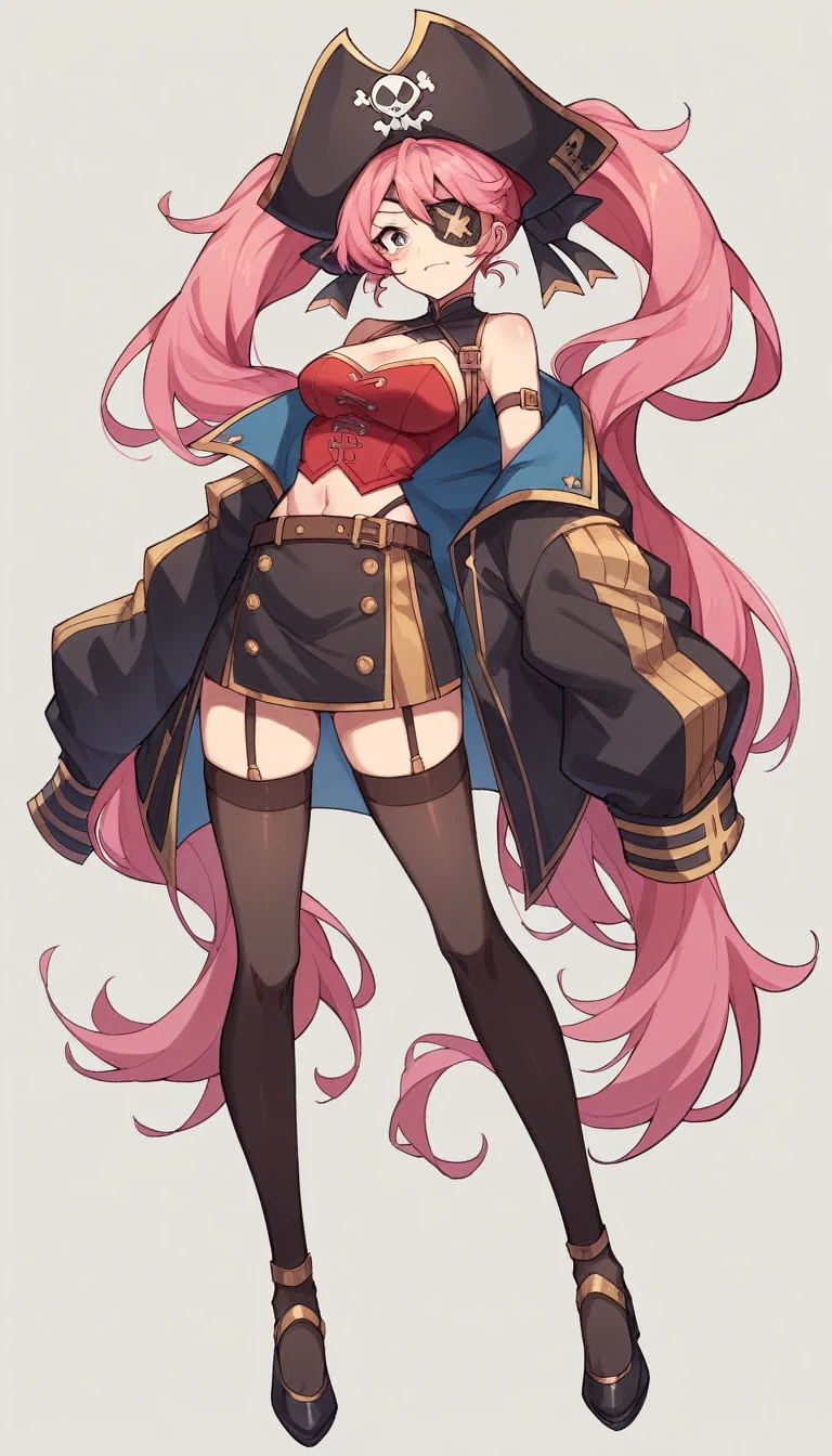 The character is a slender young woman.。She has reddish pink hair、Some of the hair is dyed white.、She has her hair styled in long twin tails.。She has a big pirate hat、Wearing a black jacket。The jacket is decorated with gold、It also has shoulder straps。Her outfit is sexy、Red bustier and mini skirt、Black Stockings、She is wearing brown high heels。Also、He has an eyepatch on one eye、He has a mischievous look on his face.。The background is white。
