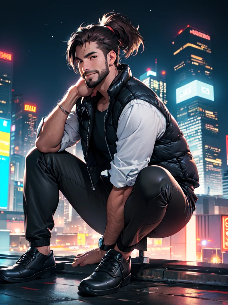 30 years old, male, ponytail, full beard, dark brown hair, sitting on top of a building, smile on face, open vest, blue clothes,  bare hairy chest, neoprene pants, neon details, worked body, cyberpunk city background, starry sky, night, (Best Quality, 4k, 8k, high resolution, Masterpiece: 1.2), ultra detailed, (anime, fotorrealist, foto- realist: 1,37), Male portrait, very detailed face, detailed facial features, muscular build, spectacular lighting