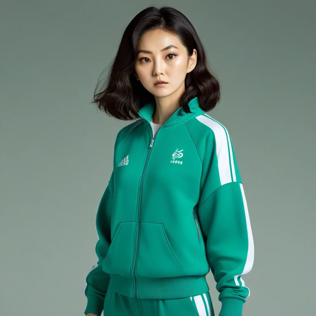 Kang Sae-byeok, Squid Game, Jung Ho-yeo, holding a knife with her hand, wearing a green squidgame tracksuit, simple background, evil expression, shes an amoral thief