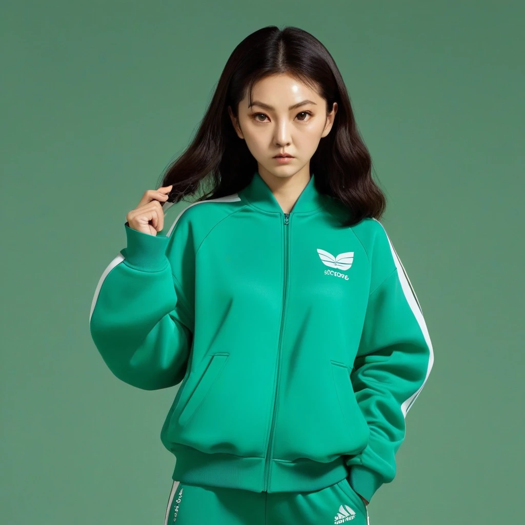 Kang Sae-byeok, Squid Game, Jung Ho-yeo, holding a knife with her hand, wearing a green squidgame tracksuit, simple background, evil expression, shes an amoral thief
