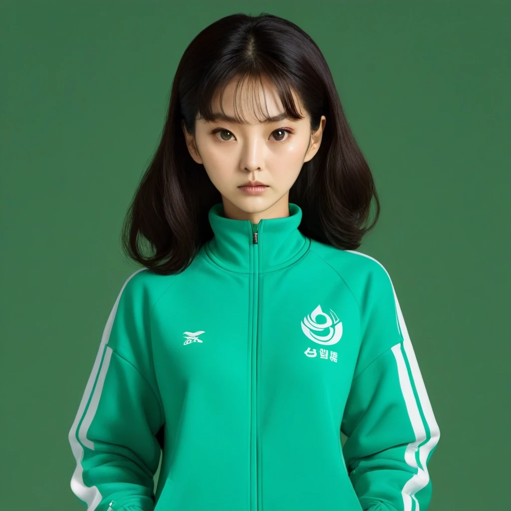 Kang Sae-byeok, Squid Game, Jung Ho-yeo, holding a knife with her hand, wearing a green squidgame tracksuit, simple background, evil expression, shes an amoral thief
