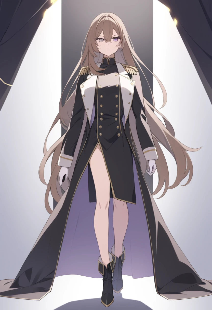 Illustrate a full-body anime girl with long, flowing brown hair, walking toward the viewer wearing a military shirt under a  open long black overcoat with gold buttons, styled in a way that accentuates her confident and commanding presence. The character should have sharp,  violet determined eyes and a poised expression.