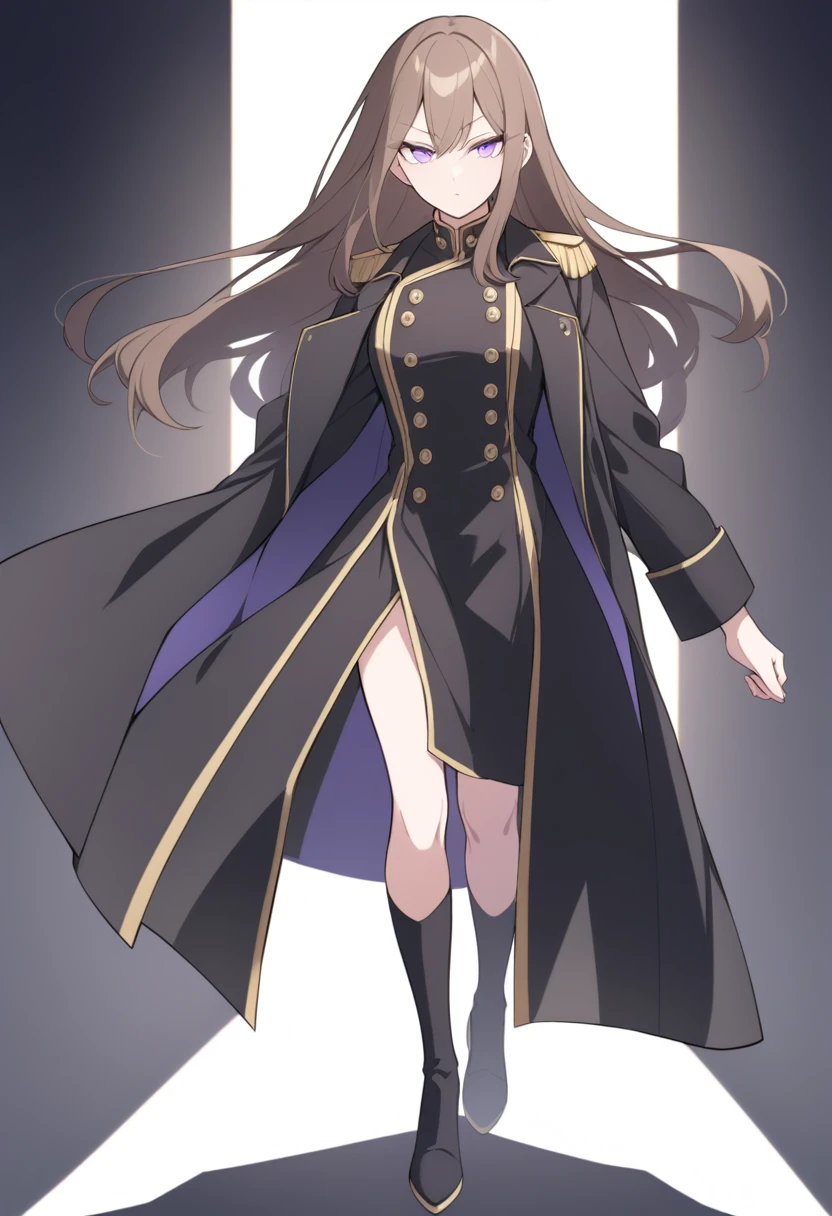 Illustrate a full-body anime girl with long, flowing brown hair, walking toward the viewer wearing a military shirt under a open long black overcoat with gold buttons, styled in a way that accentuates her confident and commanding presence. The character should have sharp, violet determined eyes and a poised expression.