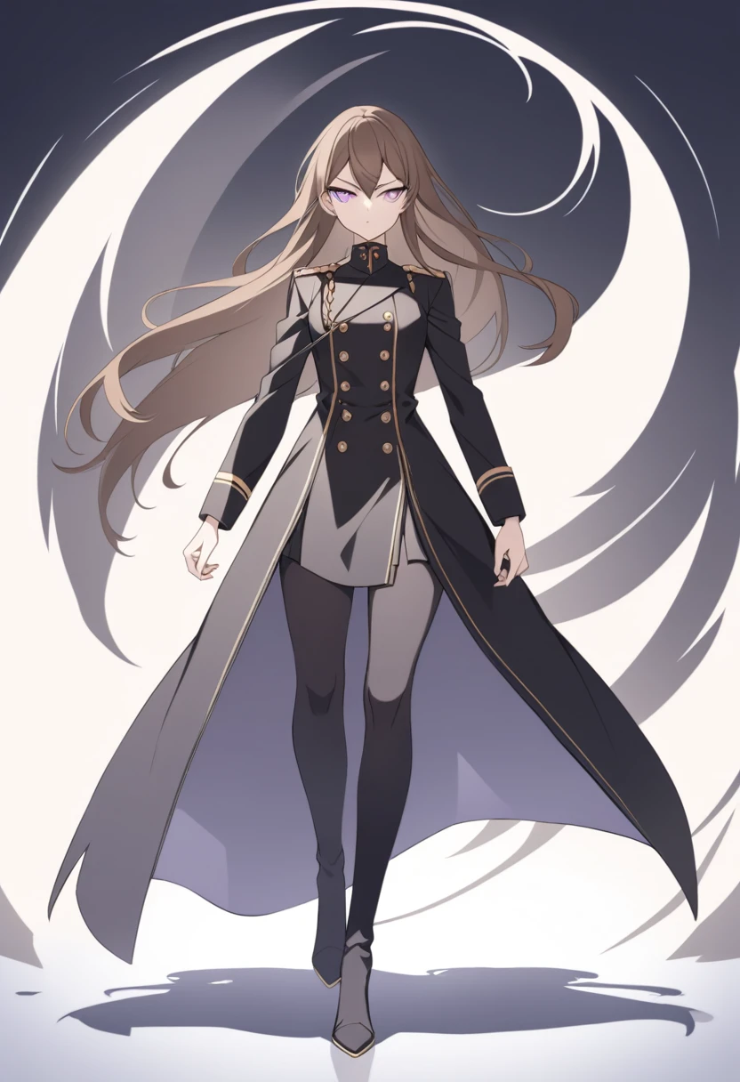 Illustrate a full-body anime girl with long, flowing brown hair, walking toward the viewer wearing a military shirt under a open long black overcoat with gold buttons, styled in a way that accentuates her confident and commanding presence. The character should have sharp, violet determined eyes and a poised expression.