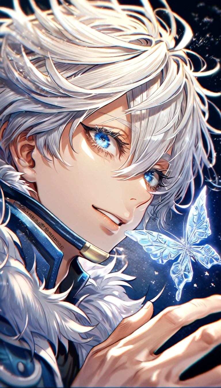 absurdres, highres, ultra detailed, HDR, master piece, best quality, extremely detailed face, delicated features, Himura Satoru, white hair, hair, messy hair, hair between the eyes, expressive blue eyes, his eyelashes are white, Boku No Hero Academia, sexy man, solo, handsome, smile, blue jacket with fur, black T-shirt, fantasy, magical, ice, ice butterflies, snowflakes, starry night, ice style