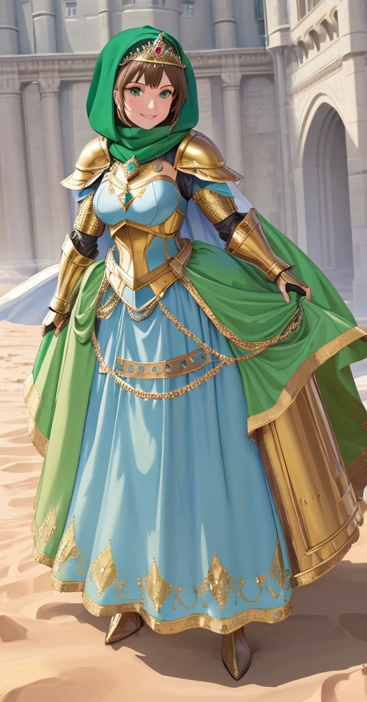 masterpiece, best quality:1.2), 1girl, smile, looking at viewer, green eyes, short brown hair, princess, armor, blue hijab headscarf, pauldrons, armored dress, green cloak cape, wearing puffy blue ballgown skirt, golden tiara with green gem, armored boots, fingerless gloves, standing in front of desert castle