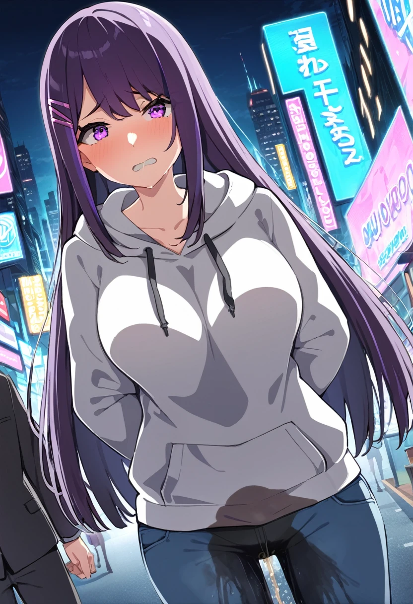 (masterpiece:1.37), best quality, (extremely detailed:1.37), (1girl:1.5), woman, (mature:1.5), (adult:1.5), large breasts, very long hair, (straight hair:1.5), (very dark purple hair:1.5), purple eyes, (extremely detailed eyes:1.37), hoodie, jeans, desperation, (wetting self:1.5), standing, embarrassed, humiliation, blushing, angry, city, futuristic, neon lighting, high-tech, street, skyscraper