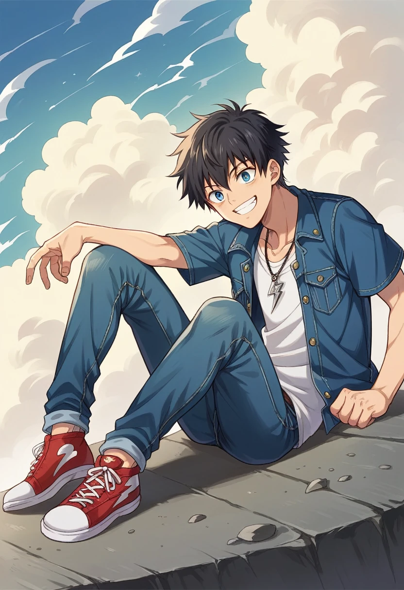 a young boy of 28 years old, ohma tokita, symmetrical face, defined body, sharp chin, blue eyes, short hair on both sides of the head, short hair on top, long hair at the nape of the neck, black hair, messy hair, cheerful smile, wearing a jean jacket, a simple black t-shirt, jeans, worn sneakers, necklace with a sapphire stone, in a combat position, destroyed sapphire fragments, lightning coming out of it, in some mountains, thunderstorms, alone
