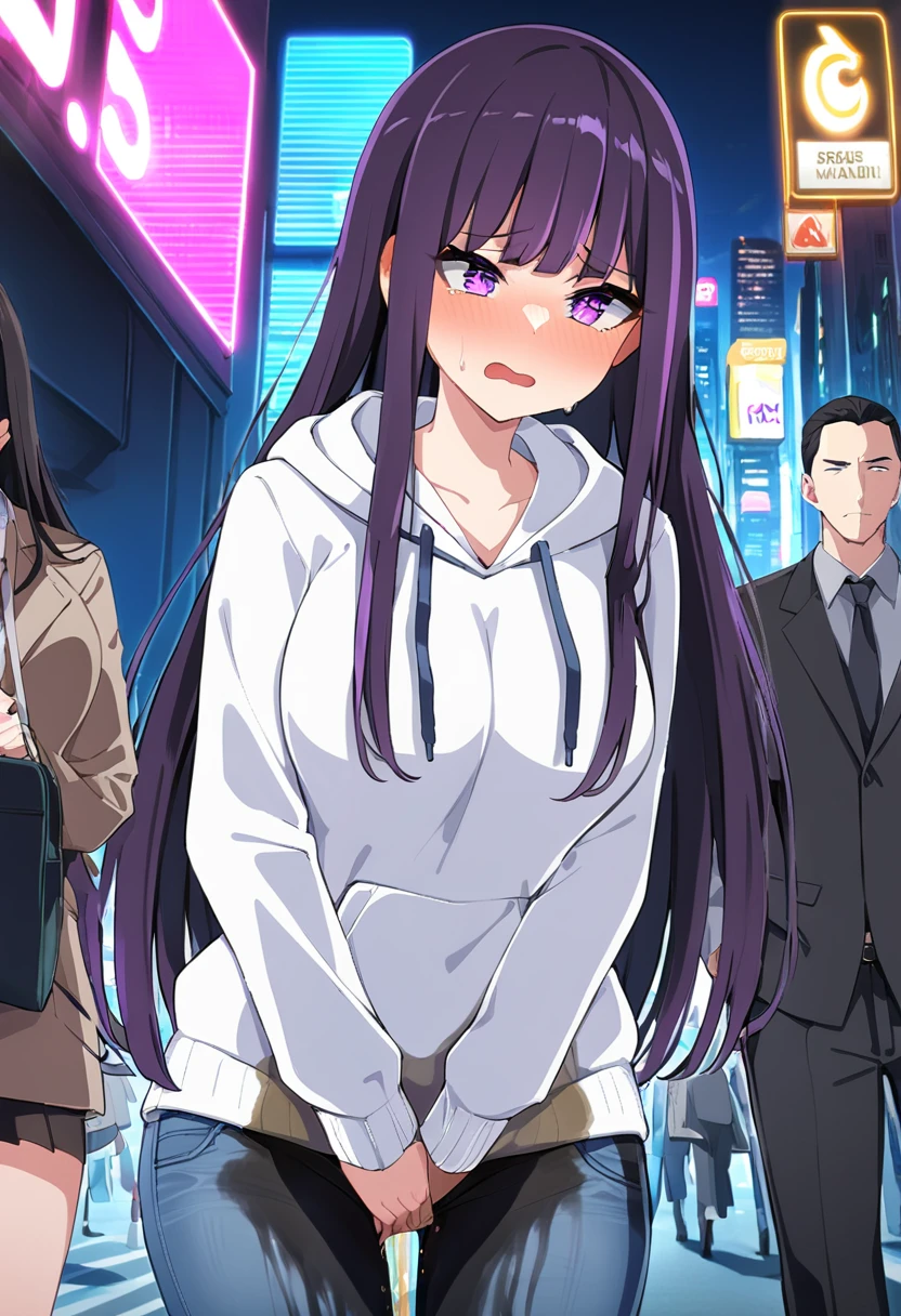 (masterpiece:1.37), best quality, (extremely detailed:1.37), (1girl:1.5), woman, (mature:1.5), (adult:1.5), large breasts, very long hair, (straight hair:1.5), (very dark purple hair:1.5), purple eyes, (extremely detailed eyes:1.37), hoodie, jeans, desperation, (wetting self:1.5), standing, embarrassed, humiliation, blushing, angry, city, futuristic, neon lighting, high-tech, street, skyscraper