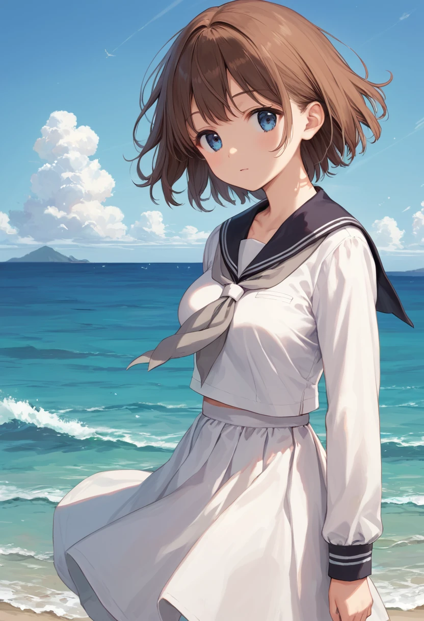 score_9,score_8_up,score_7_up,source_anime,cowboy shot,masterpiece,best quality,details background,extremely detailed,1girl, brown hair, blue eyes,medium breasts,short hair, serafuku, long sleeves,neckerchief,grey neckerchief,white dress,black sailor collar,day break,sea