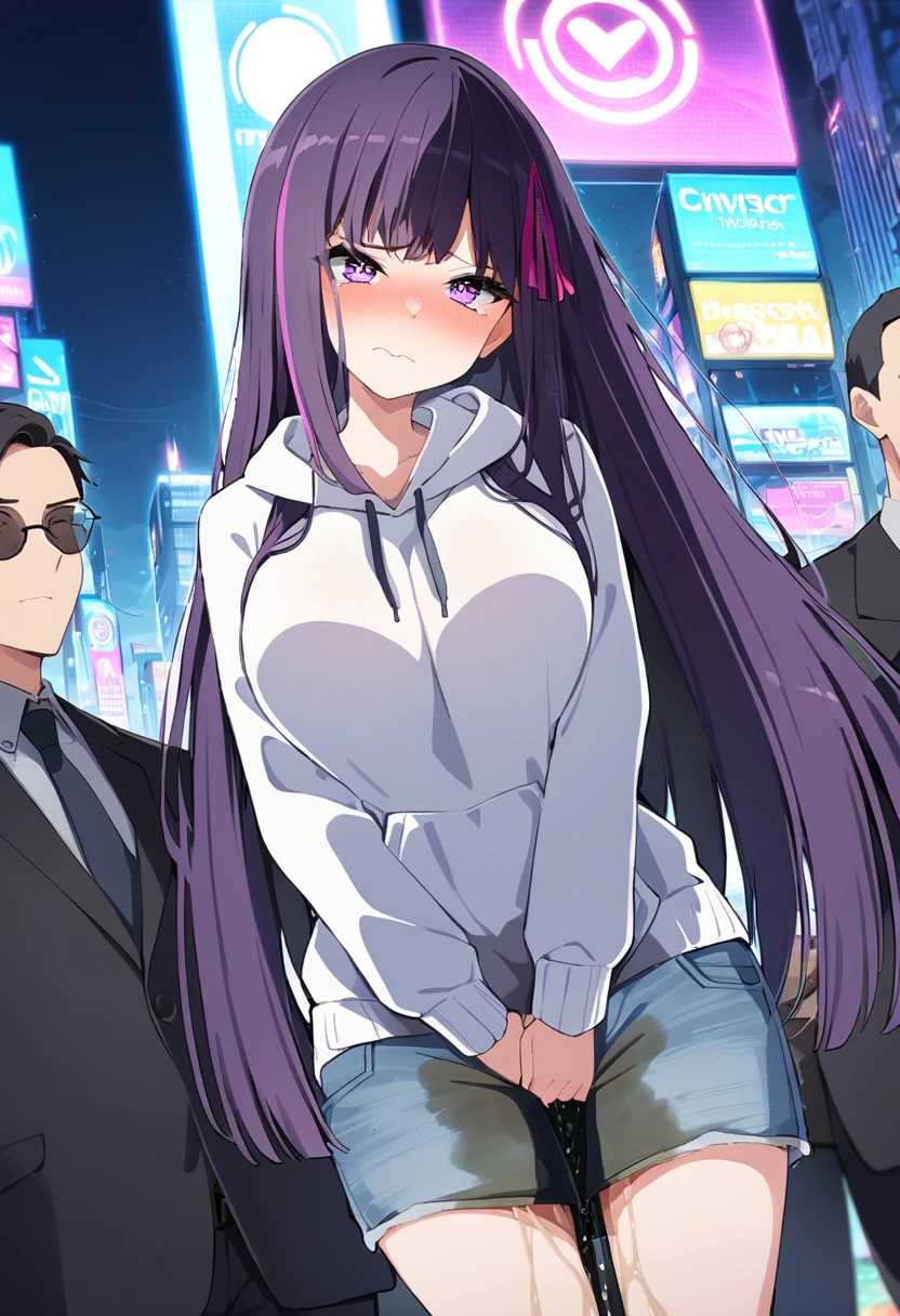 (masterpiece:1.37), best quality, (extremely detailed:1.37), (1girl:1.5), woman, (mature:1.5), (adult:1.5), large breasts, very long hair, (straight hair:1.5), (very dark purple hair:1.5), purple eyes, (extremely detailed eyes:1.37), hoodie, jeans, desperation, (wetting self:1.5), standing, embarrassed, humiliation, blushing, angry, city, futuristic, neon lighting, high-tech, street, skyscraper