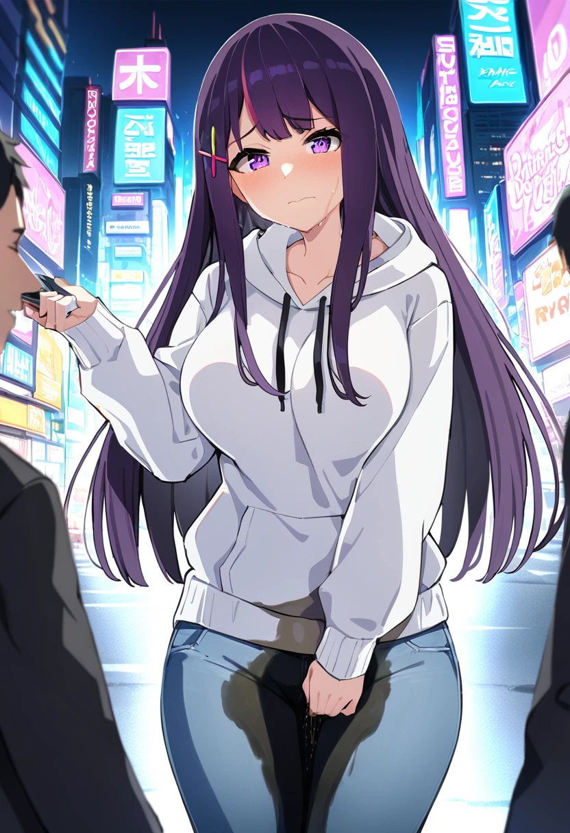 (masterpiece:1.37), best quality, (extremely detailed:1.37), (1girl:1.5), woman, (mature:1.5), (adult:1.5), large breasts, very long hair, (straight hair:1.5), (very dark purple hair:1.5), purple eyes, (extremely detailed eyes:1.37), hoodie, jeans, desperation, (wetting self:1.5), standing, embarrassed, humiliation, blushing, angry, city, futuristic, neon lighting, high-tech, street, skyscraper