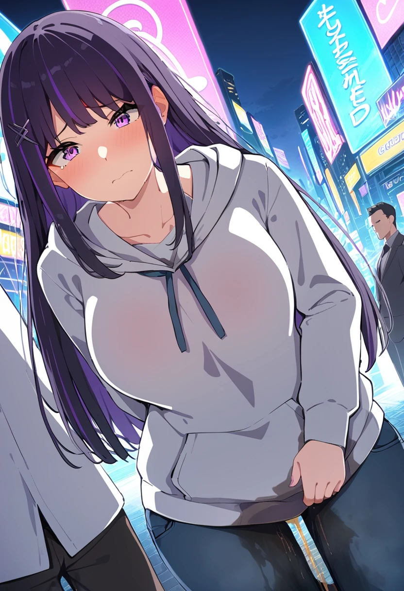 (masterpiece:1.37), best quality, (extremely detailed:1.37), (1girl:1.5), woman, (mature:1.5), (adult:1.5), large breasts, very long hair, (straight hair:1.5), (very dark purple hair:1.5), purple eyes, (extremely detailed eyes:1.37), hoodie, jeans, desperation, (wetting self:1.5), standing, embarrassed, humiliation, blushing, angry, city, futuristic, neon lighting, high-tech, street, skyscraper