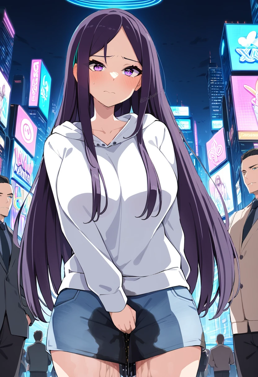 (masterpiece:1.37), best quality, (extremely detailed:1.37), (1girl:1.5), woman, (mature:1.5), (adult:1.5), large breasts, very long hair, (straight hair:1.5), (very dark purple hair:1.5), purple eyes, (extremely detailed eyes:1.37), hoodie, jeans, desperation, (wetting self:1.5), standing, embarrassed, humiliation, blushing, angry, city, futuristic, neon lighting, high-tech, street, skyscraper