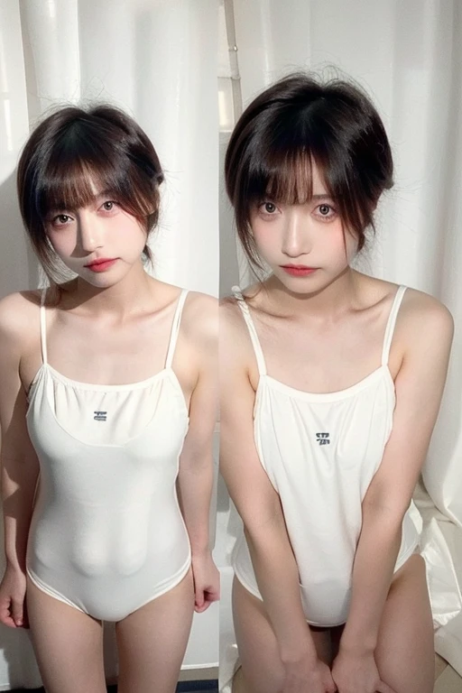 30-year-old woman, Gal Makeup、Bust 102cm, Brown Hair, Small Mouth、Realistic Face、 In a school swimsuit、 Shaved pussy exposed、Full body image、Exposing breasts、High resolution