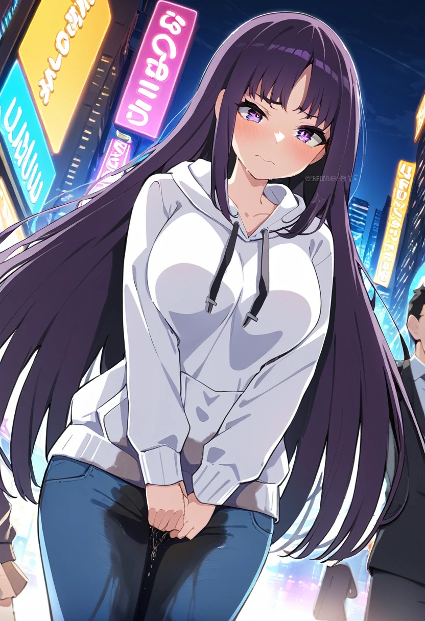 (masterpiece:1.37), best quality, (extremely detailed:1.37), (1girl:1.5), woman, (mature:1.5), (adult:1.5), large breasts, very long hair, (straight hair:1.5), (very dark purple hair:1.5), purple eyes, (extremely detailed eyes:1.37), hoodie, jeans, desperation, (wetting self:1.5), standing, embarrassed, humiliation, blushing, angry, city, futuristic, neon lighting, high-tech, street, skyscraper