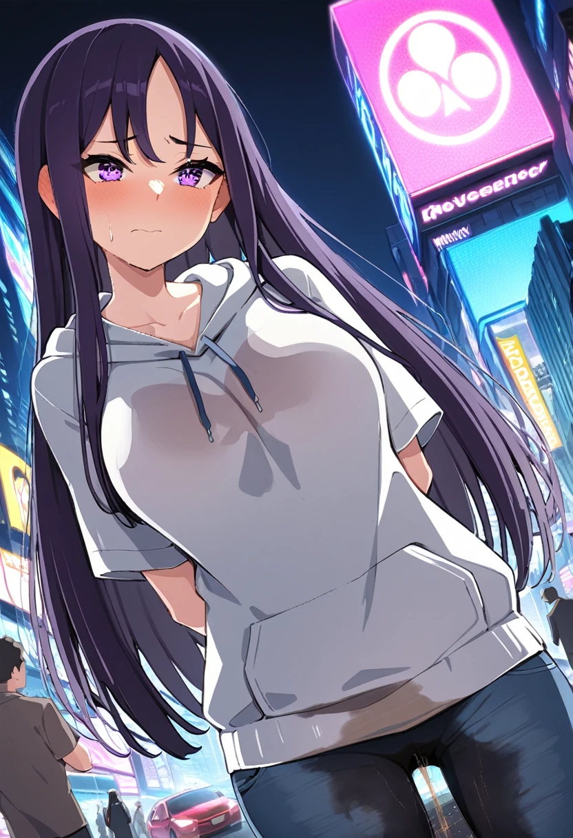 (masterpiece:1.37), best quality, (extremely detailed:1.37), (1girl:1.5), woman, (mature:1.5), (adult:1.5), large breasts, very long hair, (straight hair:1.5), (very dark purple hair:1.5), purple eyes, (extremely detailed eyes:1.37), hoodie, jeans, desperation, (wetting self:1.5), standing, embarrassed, humiliation, blushing, angry, city, futuristic, neon lighting, high-tech, street, skyscraper