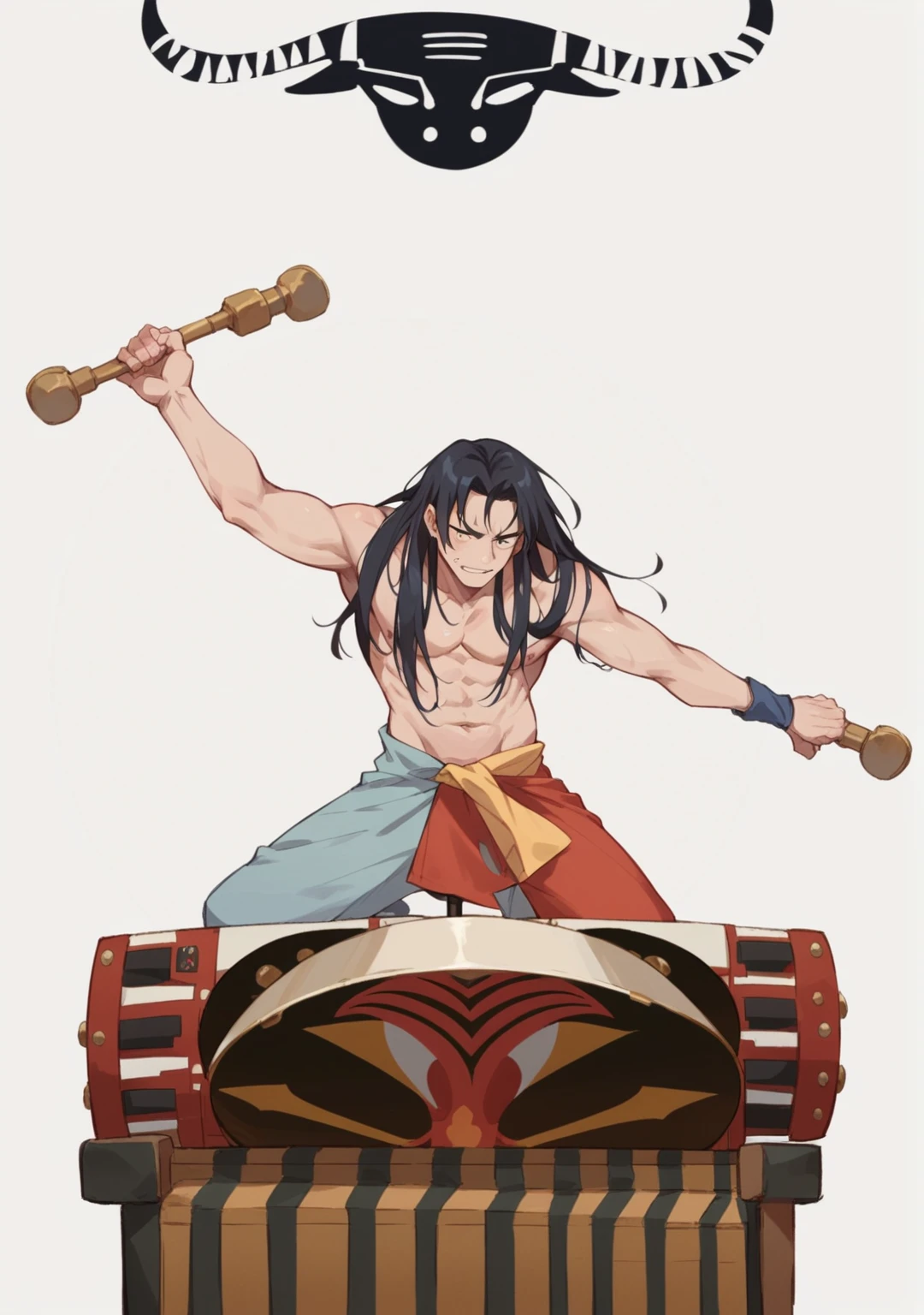 A young Wa man with wheat-colored skin and long hair playing drums,Solid muscle Hayao Miyazaki style