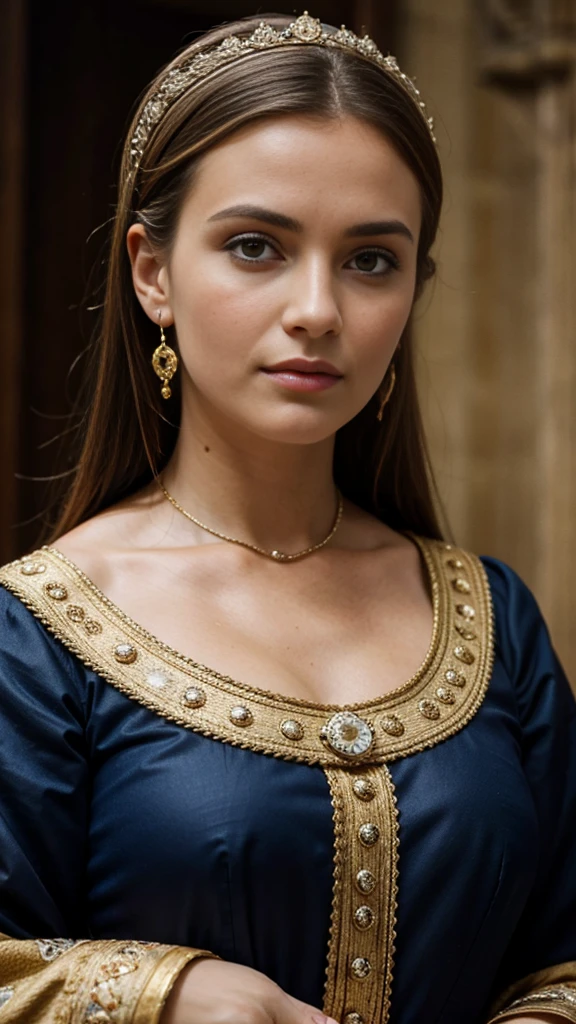 Close up shot , looking at viewer,  century, Medieval British women&#39;s clothing, English girl, 18 age old, (Blond hair, short ponytail , wince, wince,  half-closed  Blue eyes, beautiful lip,  serious), gold crescent earrings, gold neckless, (big breasts, slender whist, wide hip, real public hair, corrected pussy and anal) ,  textured skin , HI detailed skin, (foreshortening, Canon, 8k, anatomically correct,  super detail, high details, highness, 