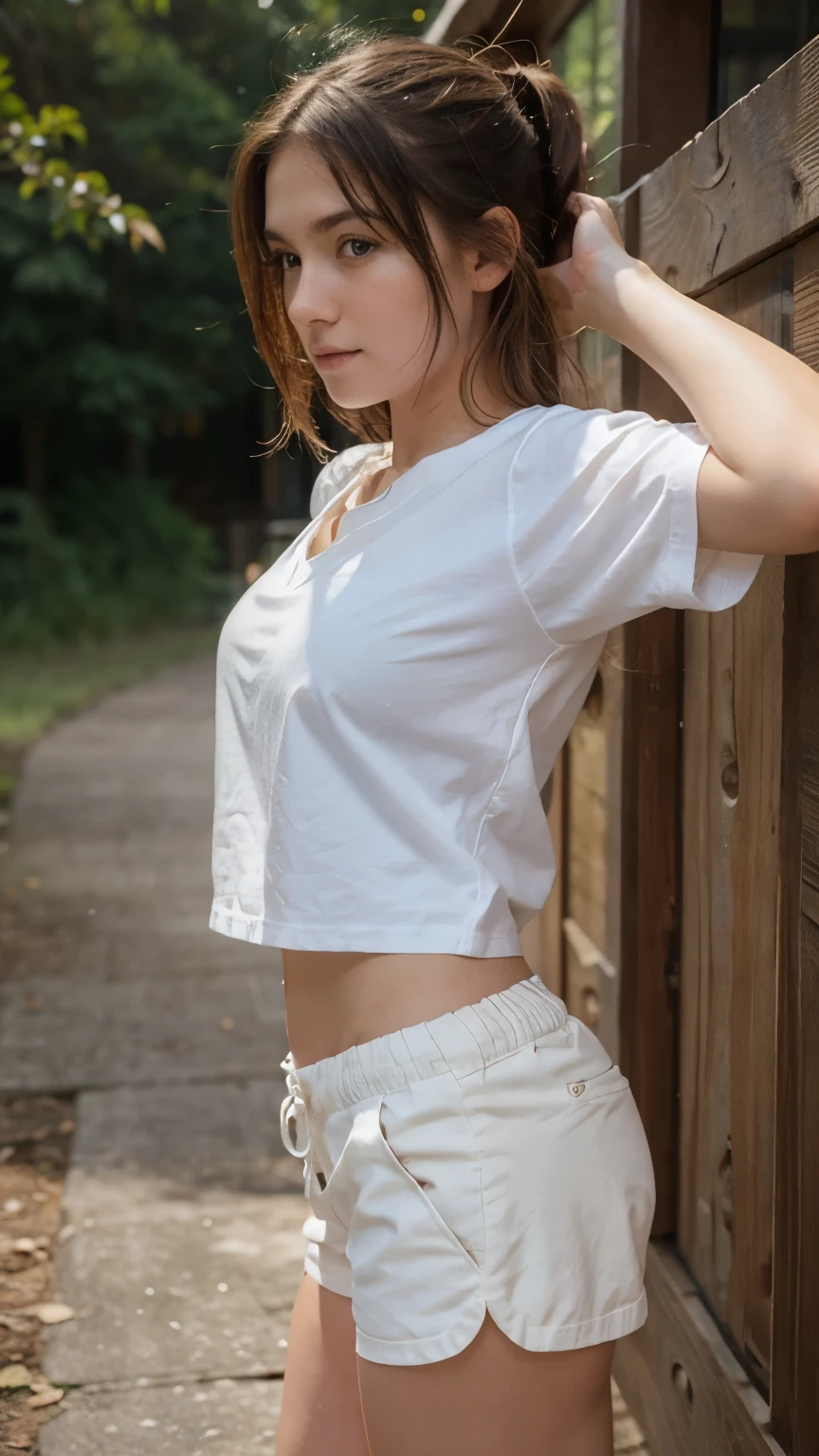 Girl White Skin in Wood with Shorts