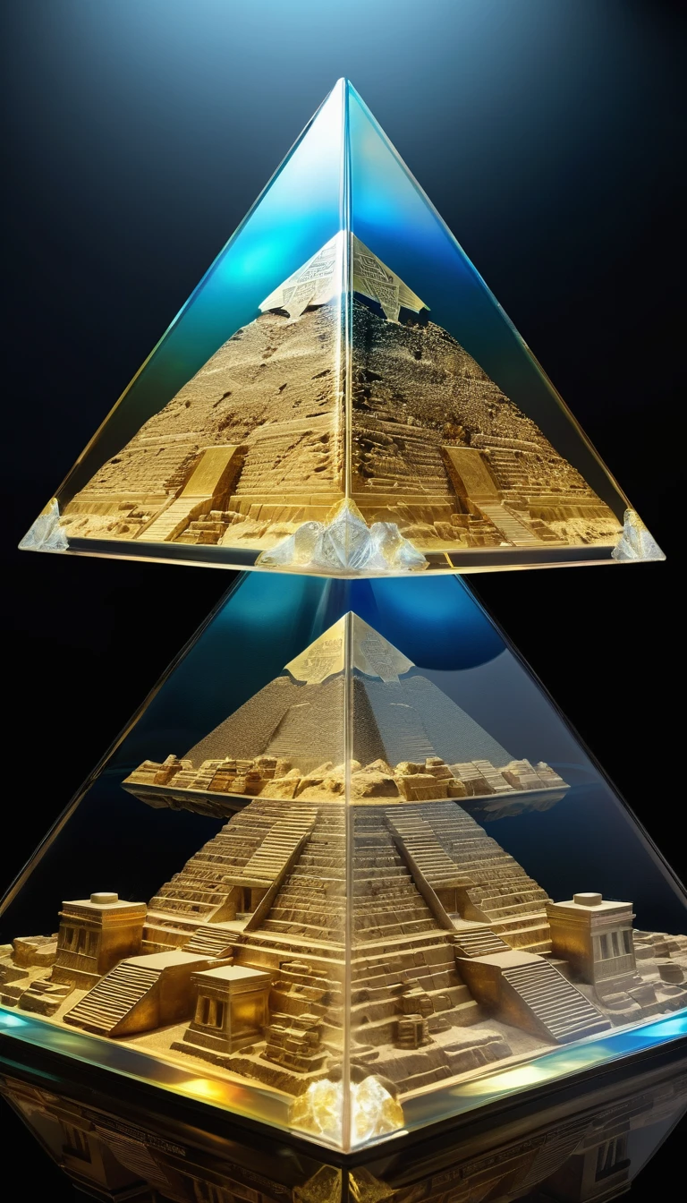 best quality, super fine, 16k, 2.5D, delicate and dynamic depiction, X-ray, transparent translucent iridescent pyramids, Egyptian mythology, Greek mythology, Mesopotamian mythology, Tutankhamun's golden hoard, yin-yang symbol, scientific artwork