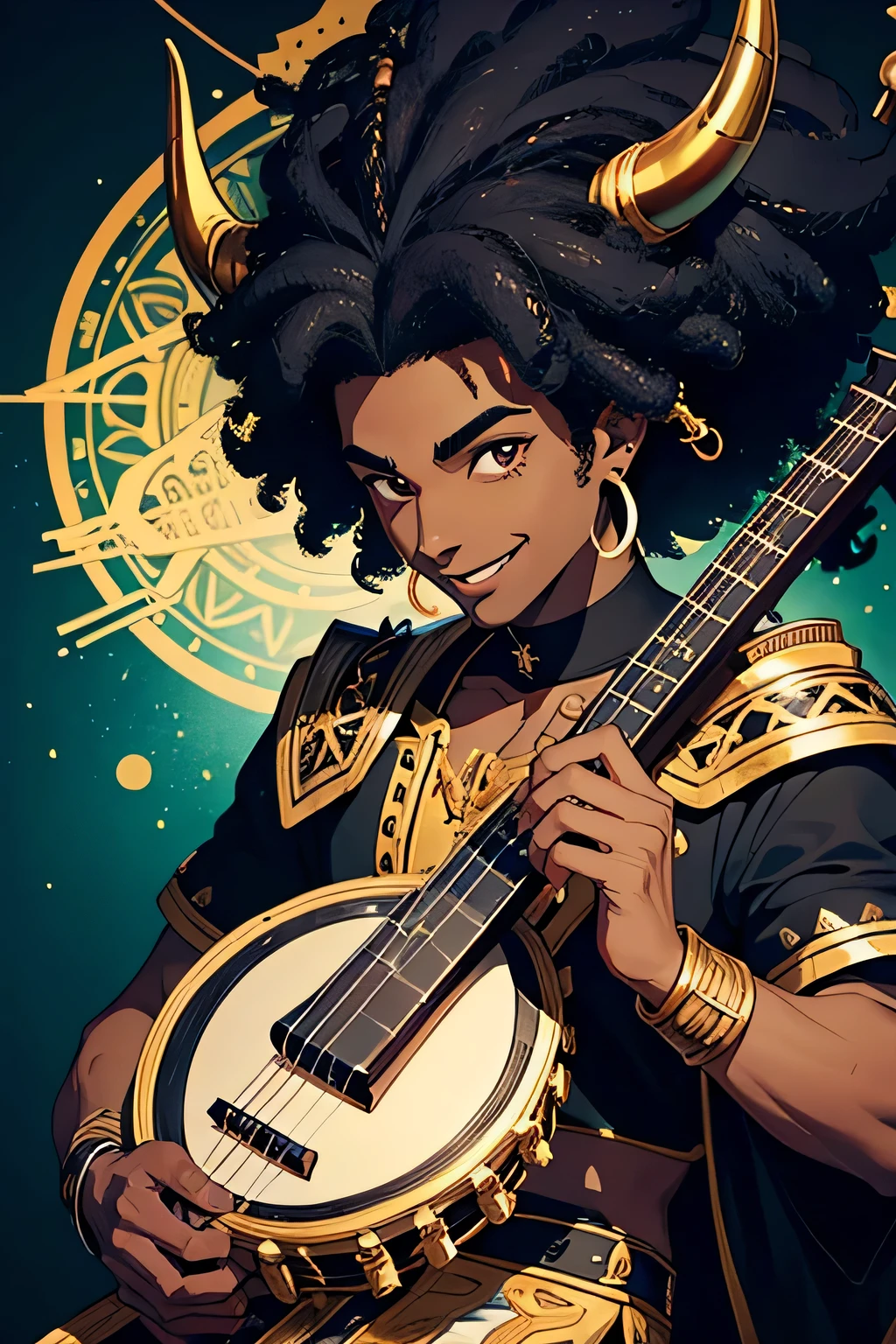 black man dark skin black hair with horns in head with afro hair with face piercings smiling playing a lyre as a bard cartoon style