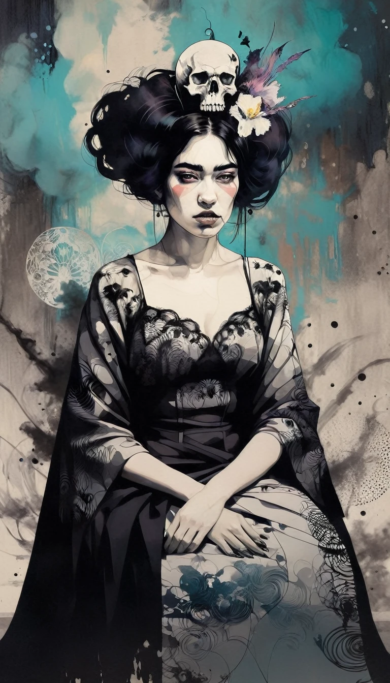 (Dua Lipa) She is a beautiful and charming vampire queen sitting on a throne, carved in dark smoke, pale skin,Dark fantasy background, negro, circular colored smoke, waves of shadows in the night, abstract skull ornaments, messy hair, Soft colors, art calligraphy 4d style by adrien ghenie, try andres, Jenny Saville , eduardo hopper, surrealism, James Jean Dark, Takato Yamamoto, Minimalism inkpunk, , detailed eyes with circular iris, seamless geometric pattern harmony, Luminograma, iron gall ink, art by Russ Mills, Sakimichan,, by GIlSam.