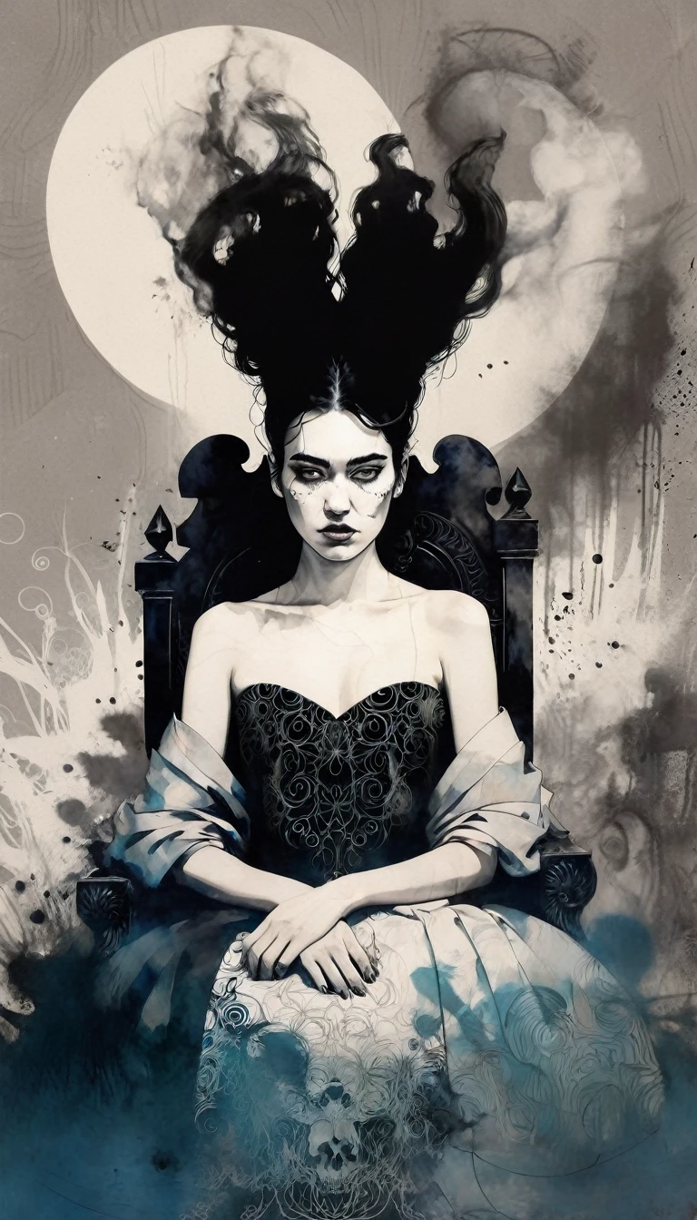 (Dua Lipa) She is a beautiful and charming vampire queen sitting on a throne, carved in dark smoke, pale skin,Dark fantasy background, negro, circular colored smoke, waves of shadows in the night, abstract skull ornaments, messy hair, Soft colors, art calligraphy 4d style by adrien ghenie, try andres, Jenny Saville , eduardo hopper, surrealism, James Jean Dark, Takato Yamamoto, Minimalism inkpunk, , detailed eyes with circular iris, seamless geometric pattern harmony, Luminograma, iron gall ink, art by Russ Mills, Sakimichan,, by GIlSam.