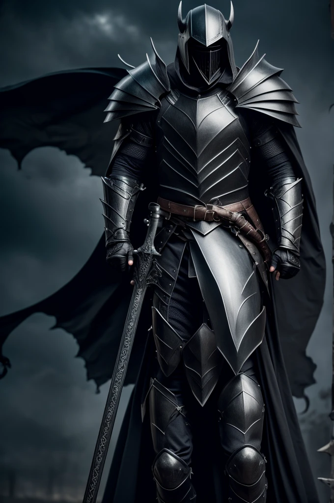 Male, demon knight, black cape, riding a black warhorse, wearing pitch black plate armor, 4k, masterpiece, high res, holding a sword, wearing a helmet
