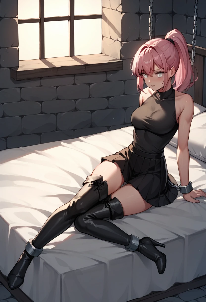 score_9, score_8_up, score_7_up, score_6_up, score_5_up, score_4_up, source_anime, 1girl,bed, pink hair ,ponytail, white eyes, fear, w-w-chain, shackles, spraed arms, black shirt, skirt, black boots, thigh high boots, heels, night, dungeon, best quality, best res, 4K UHD,
 