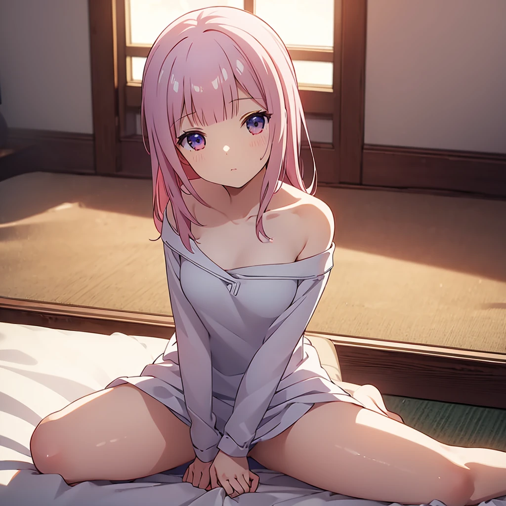 ((masterpiece)), ((Best Quality)), (Ultra-detailed), Anime style, Cute , 1girl in, Solo, 8k, sitting on the bed , no pant,no bra , young girl , flat chest, bare shoulders