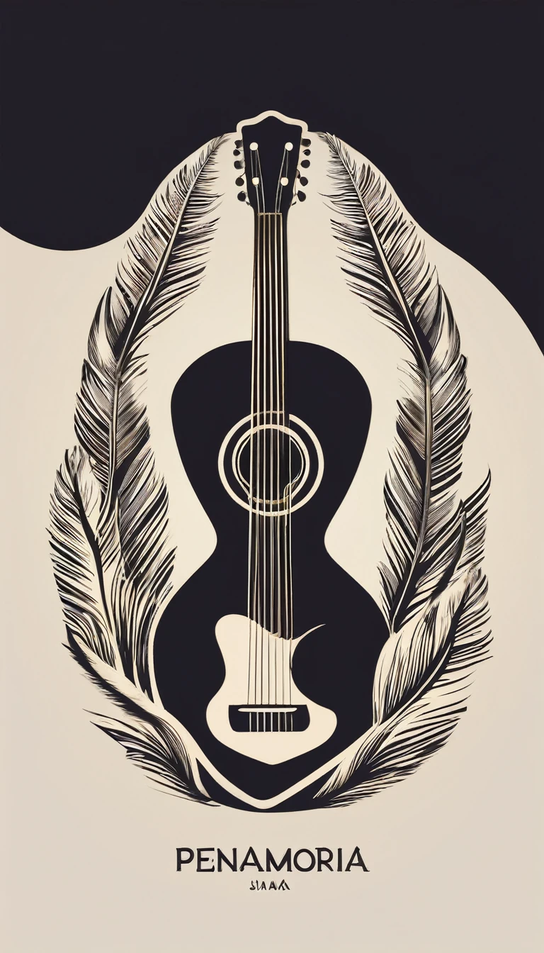 A minimal, modern, simple, cinematic logotype for the brand “Penamemoria". The logotype must be a simple, magical feather and a boy playing acoustic guitar. The logo must convey a sense of music, stories and dreams. Logo design impressed on a book cover. Minimalistic logo