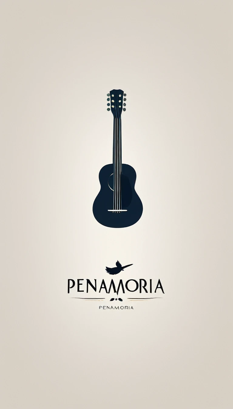 A minimal, modern, simple, cinematic logotype for the brand “Penamemoria". The logotype must be a simple, magical feather and a boy playing acoustic guitar. The logo must convey a sense of music, stories and dreams. Logo design impressed on a book cover. Minimalistic logo