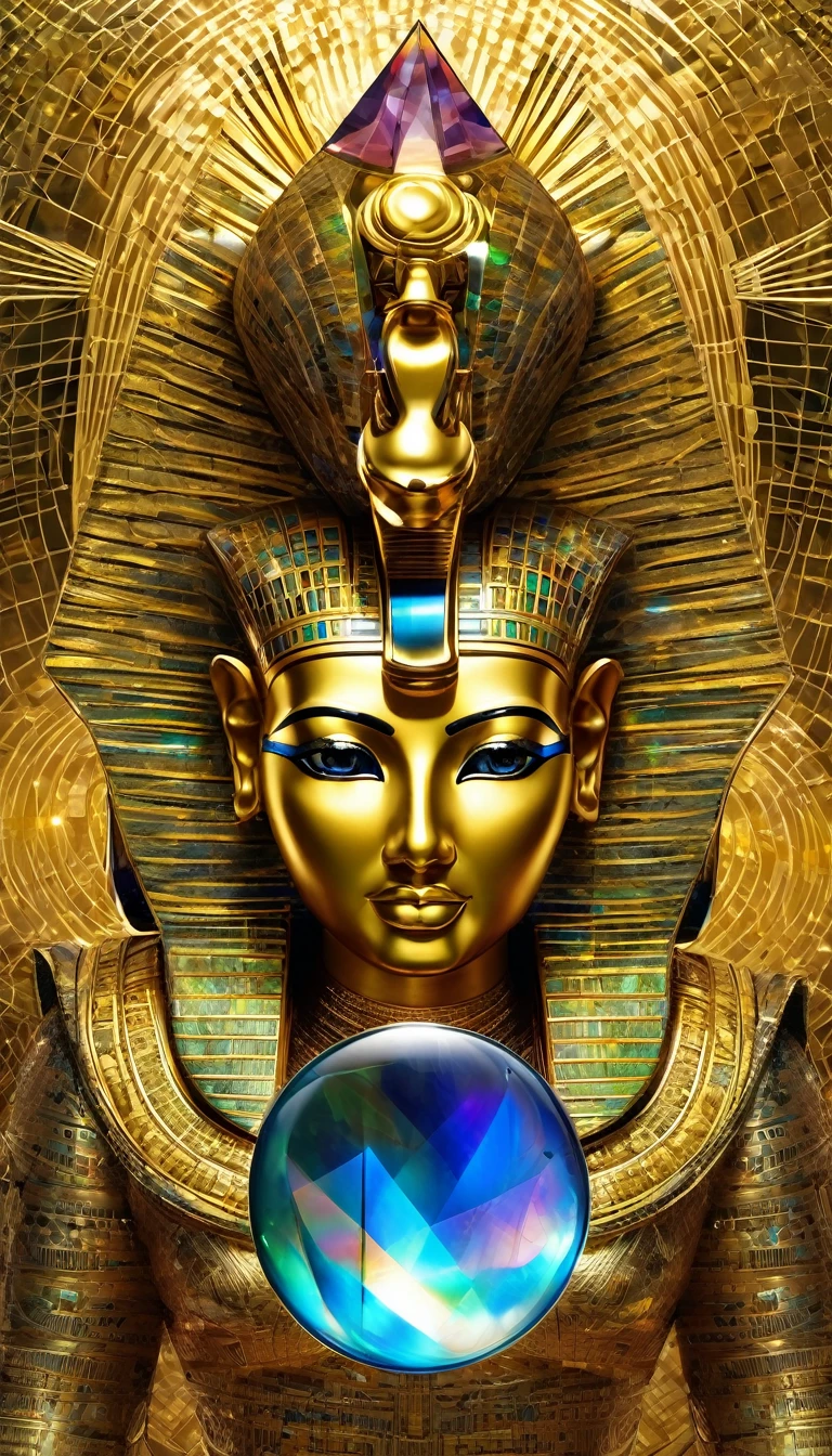best quality, super fine, 16k, 2.5D, delicate and dynamic depiction, X-ray, transparent translucent iridescent pyramids, Egyptian mythology, Greek mythology, Mesopotamian mythology, Tutankhamun's golden hoard, yin-yang symbol, scientific artwork