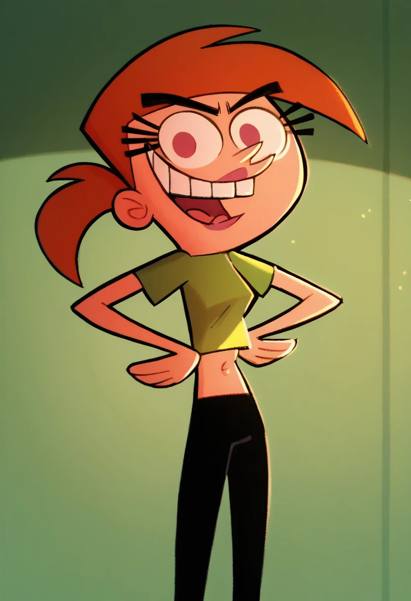 vicky, solo, smile, open mouth, standing, lipstick, midriff, ponytail, orange hair, teeth, black pants, hands on hips, green crop top, score_9, score_8_up, score_7_up, score_6_up, score_5_up, score_4_up, looking at viewer,