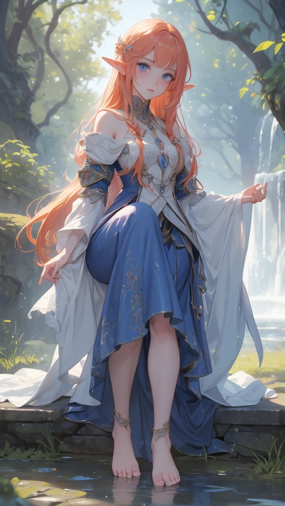 work of art, mythical effects, best resolution, ultra epic details, No defects, best result. better rendering, waifu fiery hair, ( BEAUTIFUL ELF ), ( blue eyes ) pale skin, blushed face, bare feet, wearing medieval clothing,  Nature in the background, gazing at viewer, determination position, ( serious expression), sculptural body, (( ultra detailed feet and hands ))