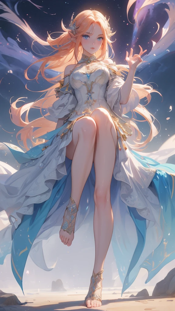 work of art, mythical effects, best resolution, ultra epic details, No defects, best result. better rendering, waifu fiery hair, ( BEAUTIFUL ELF ), ( blue eyes ) pale skin, blushed face, bare feet, wearing medieval clothing, Nature in the background, gazing at viewer, determination position, ( serious expression), sculptural body, (( ultra detailed feet and hands ))