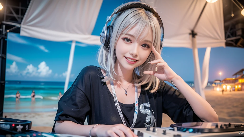 (ultra - detailed, 16K resolution, Cinema lenses, rendering by octane), (high resolution:1.18), intricate detail, (masterpiece:1.1), (highest quality:1.1), (1girl, portrait, white hair, blue eyes, short hair, detailed eyes),Wearing silver DJ headphones, Shiny silver sequined T-shirt, (in the beach:1.5), (Iconic hip-hop pop costumes:1.3), Smile while DJing on stage, DJ studio next to the beach, ((A stylish DJ stage on a hill overlooking the beach)), full body shot, Photorealistic photography by Sunshine, (cute round face:1.3), perfect fingers, five fingers, beautiful hands, perfect hands. master peace, cute smile.