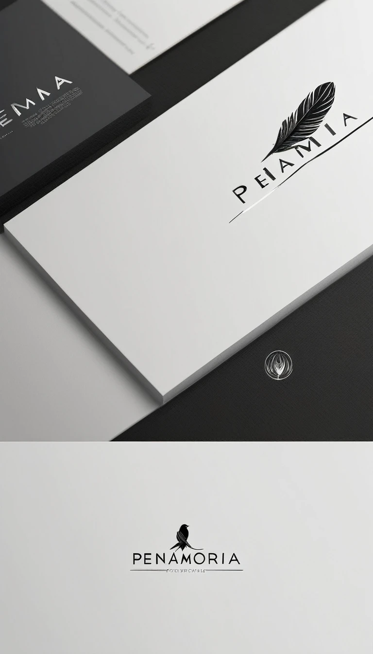 A minimal, modern, simple, cinematic logo design for the brand “Penamemoria". Create a modern, minimalistic, high-quality, logo of a feather-bird