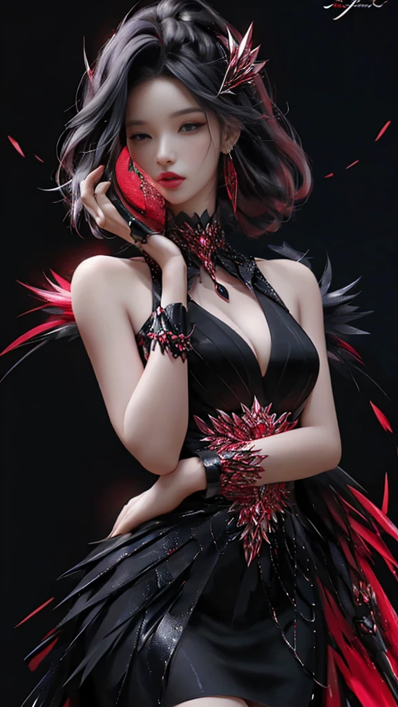 The image is a digital artwork of a woman in a black dress and black tie, with a red background and a watch on her wrist.