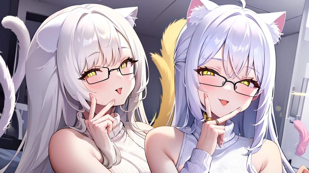 A 20-year-old female angel with long hair, white hair, yellow eyes, cat ears, cat tail, and white angel wings. A glowing yellow halo ring overhead. Wear round glasses (White halter turtleneck sweater, white purekiller sweater, sleeveless, sexy backless sweater, white dress) White arm warmers, stick out tongue, bedroom
